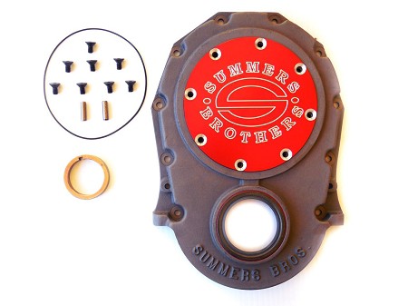 Timing chain cover with adaptor disc for big-block Chevrolet